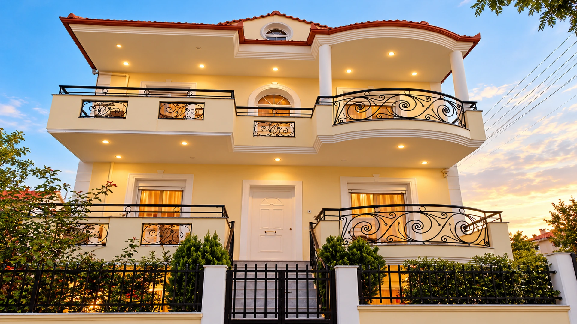 Prime Luxury Villa exterior illuminated at sunset